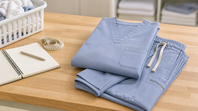 Folded light blue scrub set prepared for a practical brand comparison
