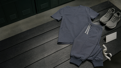 Black scrub set arranged in a locker room for fit and fabric review