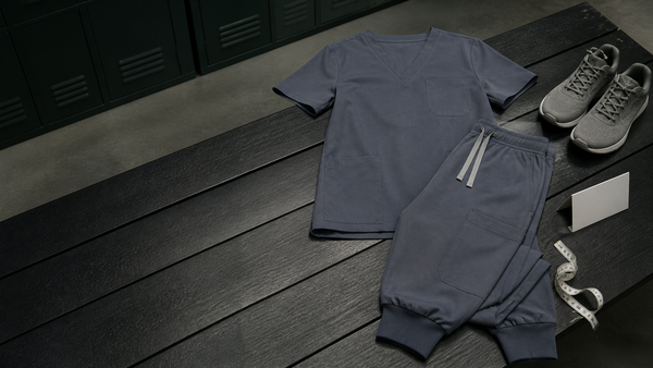 Black scrub set arranged in a locker room for fit and fabric review