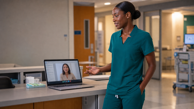 Bedside nurse coordinating with a remote nursing teammate