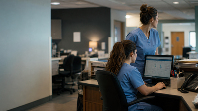 Nurses using digital tools at a busy clinical workstation