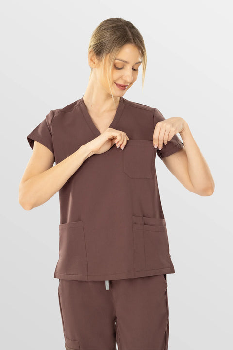 Eipnare Women's 3-Pocket V-Neck Scrub Top - Brown