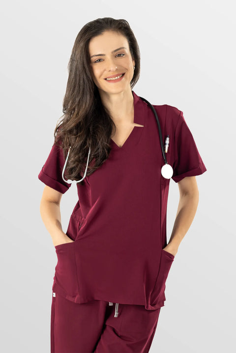 Eipnare Women's Split V-Neck Scrub Top - Burgundy Red