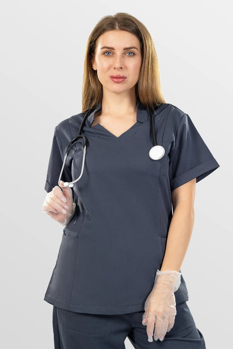 Eipnare Women's Split V-Neck Scrub Top - Charcoal Grey