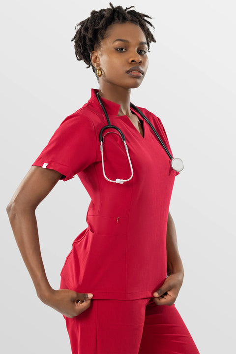Eipnare Women's Split V-Neck Scrub Top - Red