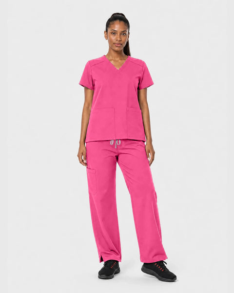 Eipnare Women's Woven V-Neck Straight-Leg Scrub Set - Pink