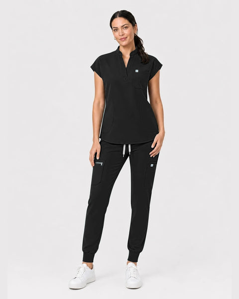 Eipnare Women's Henley Sleeveless Jogger Scrub Set - Black