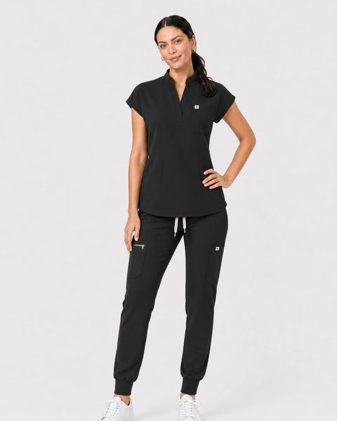 Eipnare Women's Henley Sleeveless Jogger Scrub Set - Black
