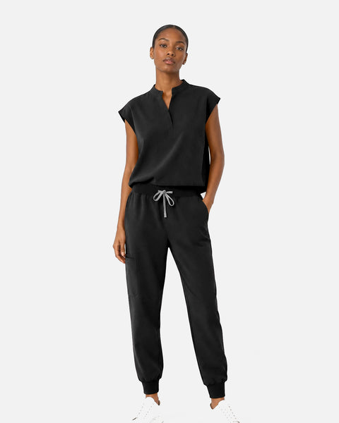 Eipnare Women's Sleeveless Mandarin Collar Jogger Uniform Set - Black