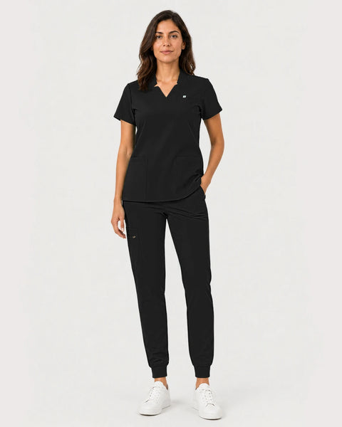 Eipnare Women's Notch V-Neck Cargo Jogger Scrub Set - Black