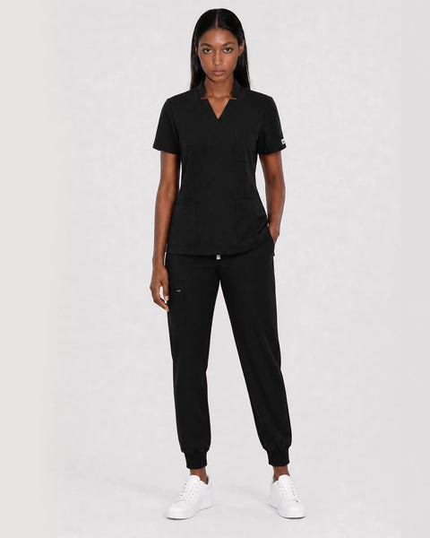 Eipnare Women's Split V-Neck Cargo Jogger Scrub Set - Black