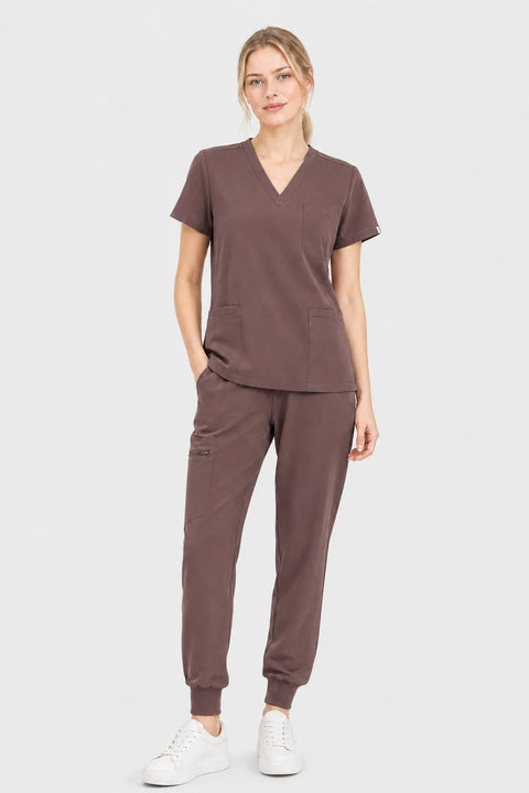 Eipnare Women's 3-Pocket V-Neck Jogger Scrub Set - Brown