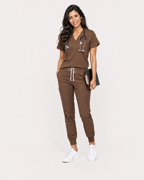 Eipnare Women's Classic V-Neck Jogger Scrub Set - Brown