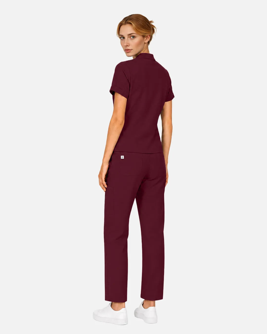Burgundy Red Eipnare Women's Split V-Neck Tapered Scrub Set - Stretch Medical Scrubs for Women