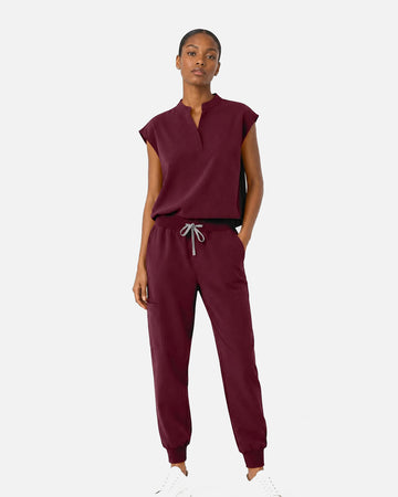Burgundy Red – Eipnare Women's Sleeveless Mandarin Collar Jogger Uniform Set – product image 01