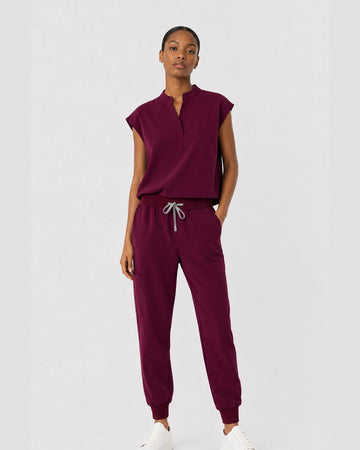Burgundy Red Eipnare Women's Sleeveless Mandarin Collar Jogger Scrub Set - Stretch Medical Scrubs for Women