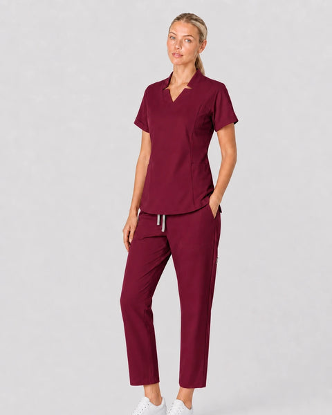 Eipnare Women's Split V-Neck Tapered Scrub Set - Burgundy Red