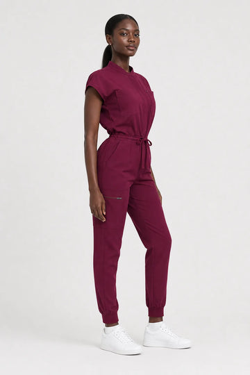 Burgundy Red Eipnare Women's Zip-Front Sleeveless Scrub Jumpsuit - Stretch Medical Scrubs for Women