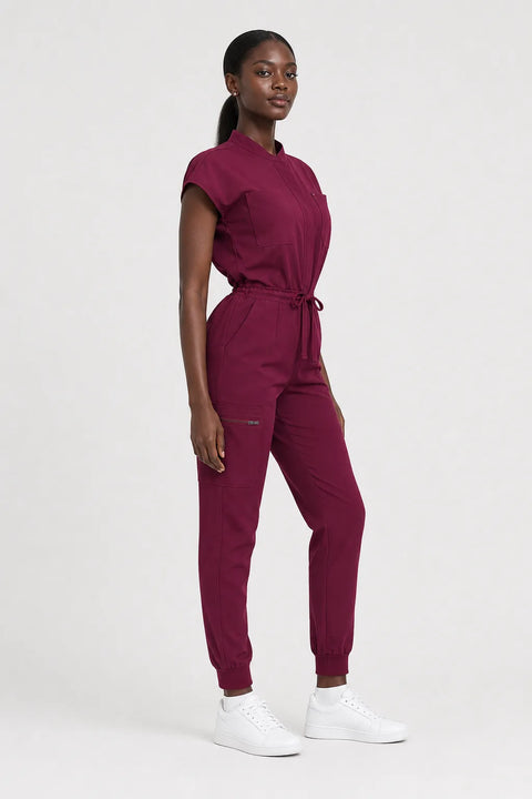 Eipnare Women's Zip-Front Sleeveless Scrub Jumpsuit - Burgundy Red