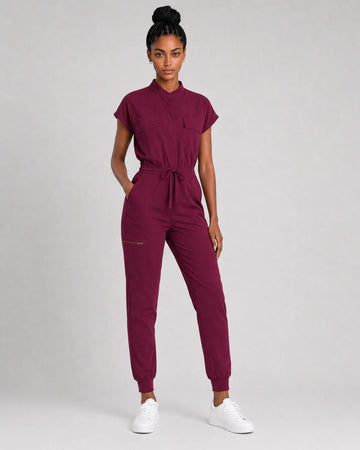 Burgundy Red Eipnare Women's Zip-Front Sleeveless Scrub Jumpsuit - Stretch Medical Scrubs for Women