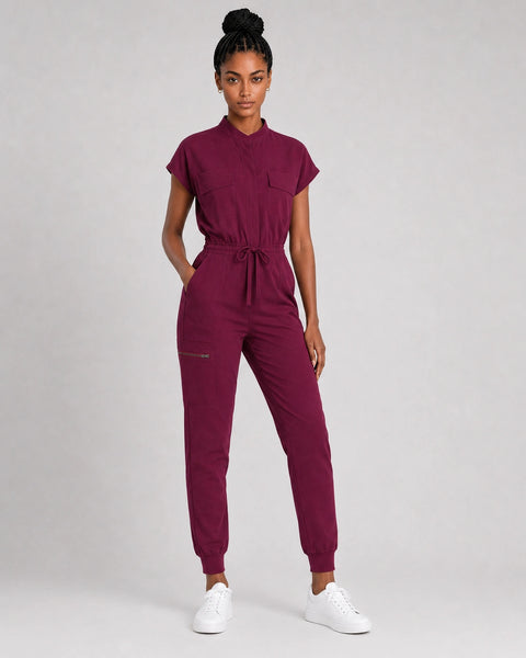 Eipnare Women's Zip-Front Sleeveless Scrub Jumpsuit - Burgundy Red