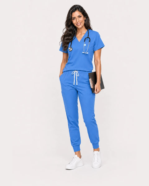Eipnare Women's Classic V-Neck Jogger Scrub Set - Ceil Blue