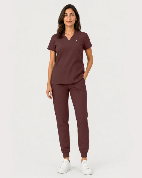 Eipnare Women's Notch V-Neck Cargo Jogger Scrub Set - Coffee