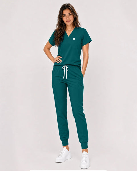 Eipnare Women's Classic V-Neck Jogger Scrub Set - Dark Green