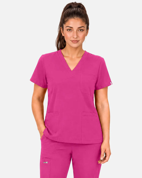 Eipnare Women's 3-Pocket V-Neck Uniform Top - Hot Pink