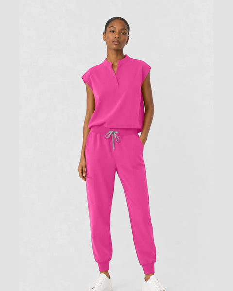 Eipnare Women's Sleeveless Mandarin Collar Jogger Scrub Set - Hot Pink