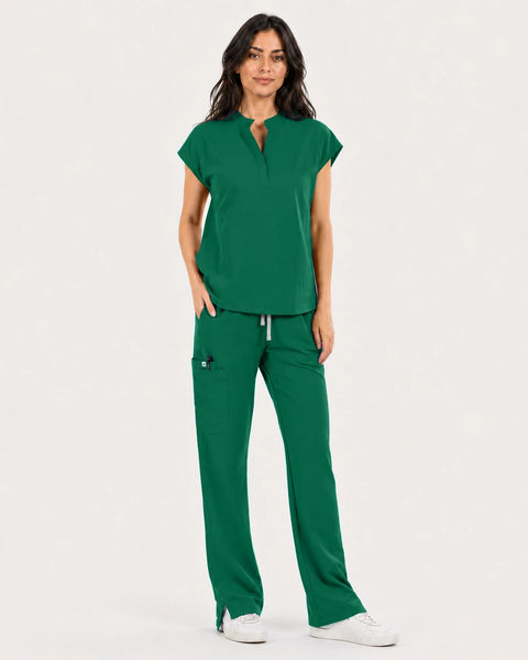 Eipnare Women's Mandarin Sleeveless Straight-Leg Scrub Set - Hunter Green