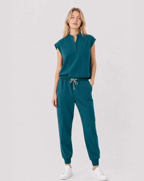 Eipnare Women's Sleeveless Mandarin Collar Jogger Scrub Set - Hunter Green