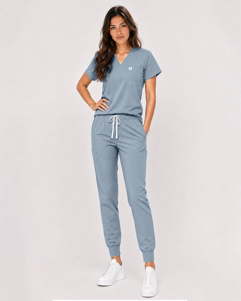 Eipnare Women's Classic V-Neck Jogger Scrub Set - Light Blue