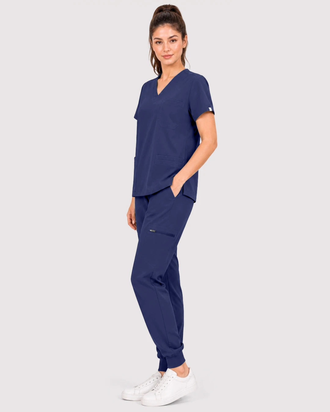 Navy Blue Eipnare Women's 3-Pocket V-Neck Jogger Scrub Set - Stretch Medical Scrubs for Women