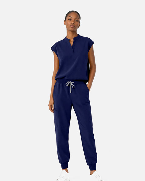Eipnare Women's Sleeveless Mandarin Collar Jogger Uniform Set - Navy Blue
