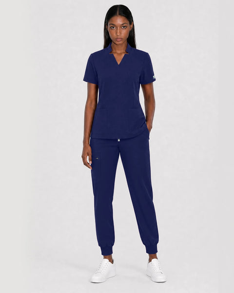 Eipnare Women's Split V-Neck Cargo Jogger Scrub Set - Navy Blue
