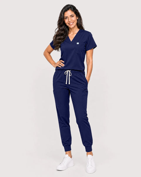 Eipnare Women's Knit V-Neck Jogger Scrub Set - Navy Blue