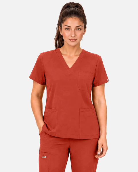 Eipnare Women's 3-Pocket V-Neck Uniform Top - Orange Red