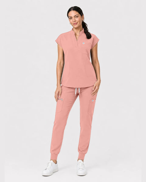 Eipnare Women's Henley Sleeveless Jogger Scrub Set - Pink
