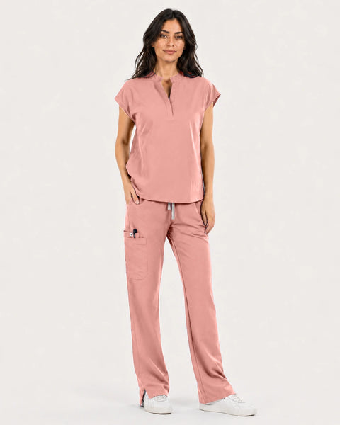 Eipnare Women's Mandarin Sleeveless Straight-Leg Scrub Set - Pink