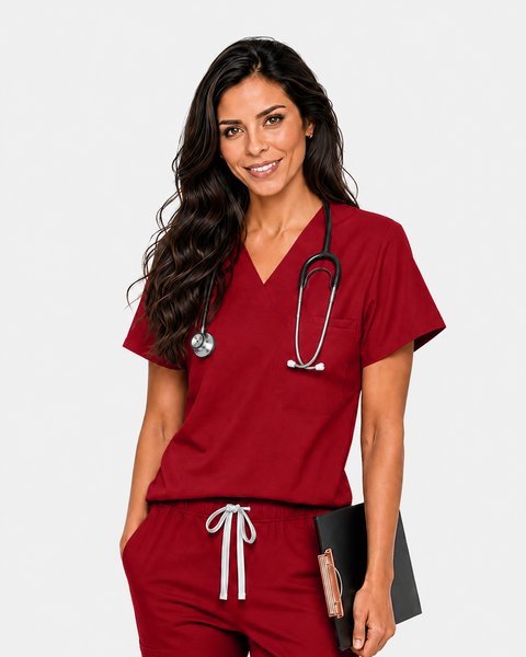 Eipnare Women's Classic V-Neck Uniform Top - Wine Red