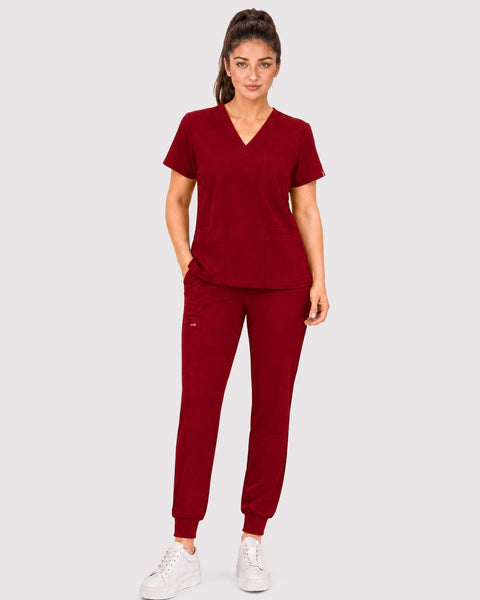Eipnare Women's 3-Pocket V-Neck Jogger Scrub Set - Wine Red
