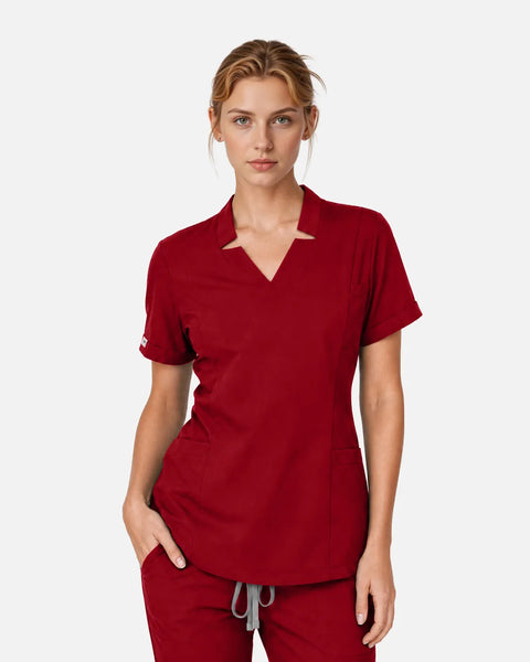 Eipnare Women's Split V-Neck Uniform Top - Wine Red
