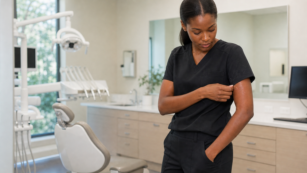 Dental work scrubs in a bright clinic with Fujifilm-inspired color