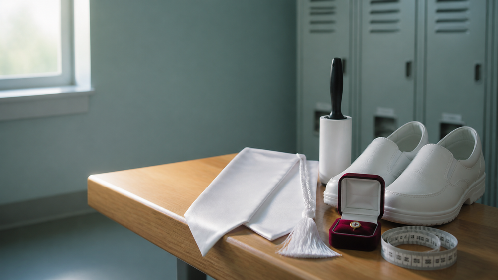 White scrub graduation essentials arranged on a wooden bench