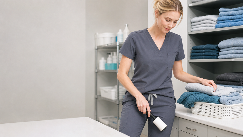 Veterinary scrub fabric and hair-removal care in a clinical workspace