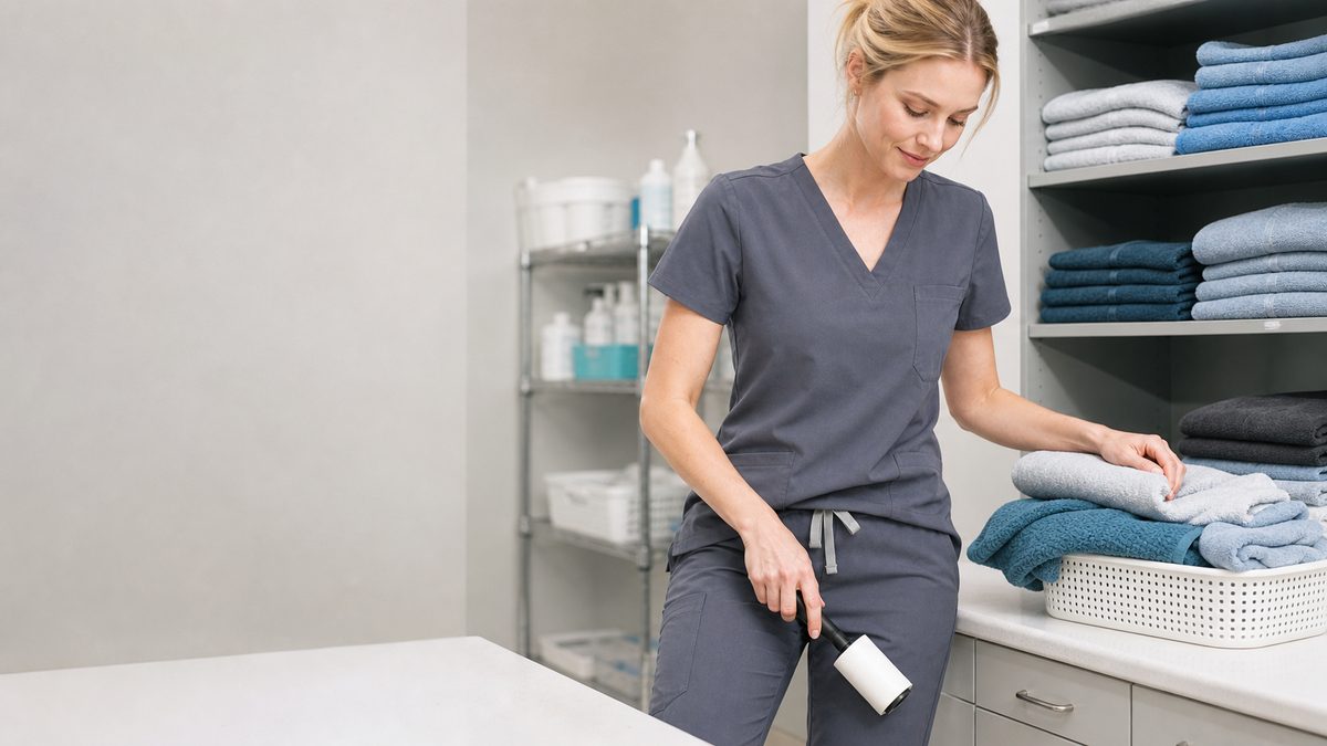 Veterinary scrub fabric and hair-removal care in a clinical workspace