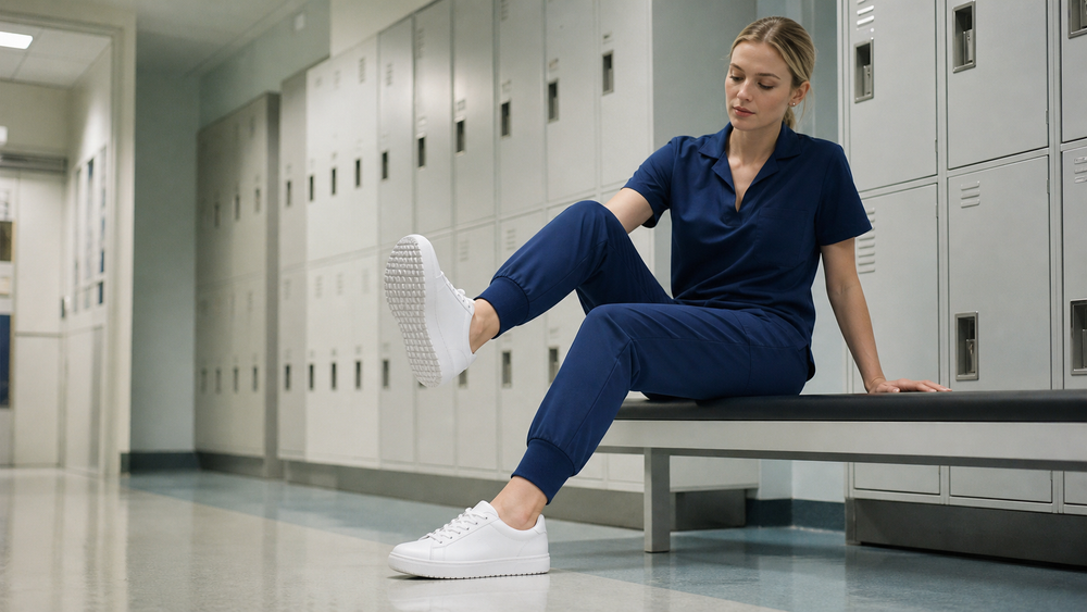Healthcare worker trying neutral shoes with navy scrubs