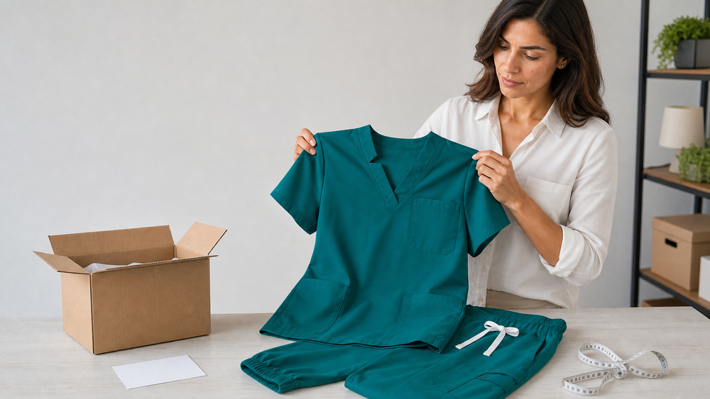 Marketplace scrub listing verification with a green scrub top