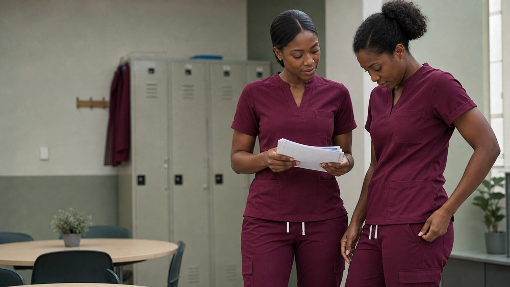 Two nurses reviewing notes after a long shift in burgundy scrubs